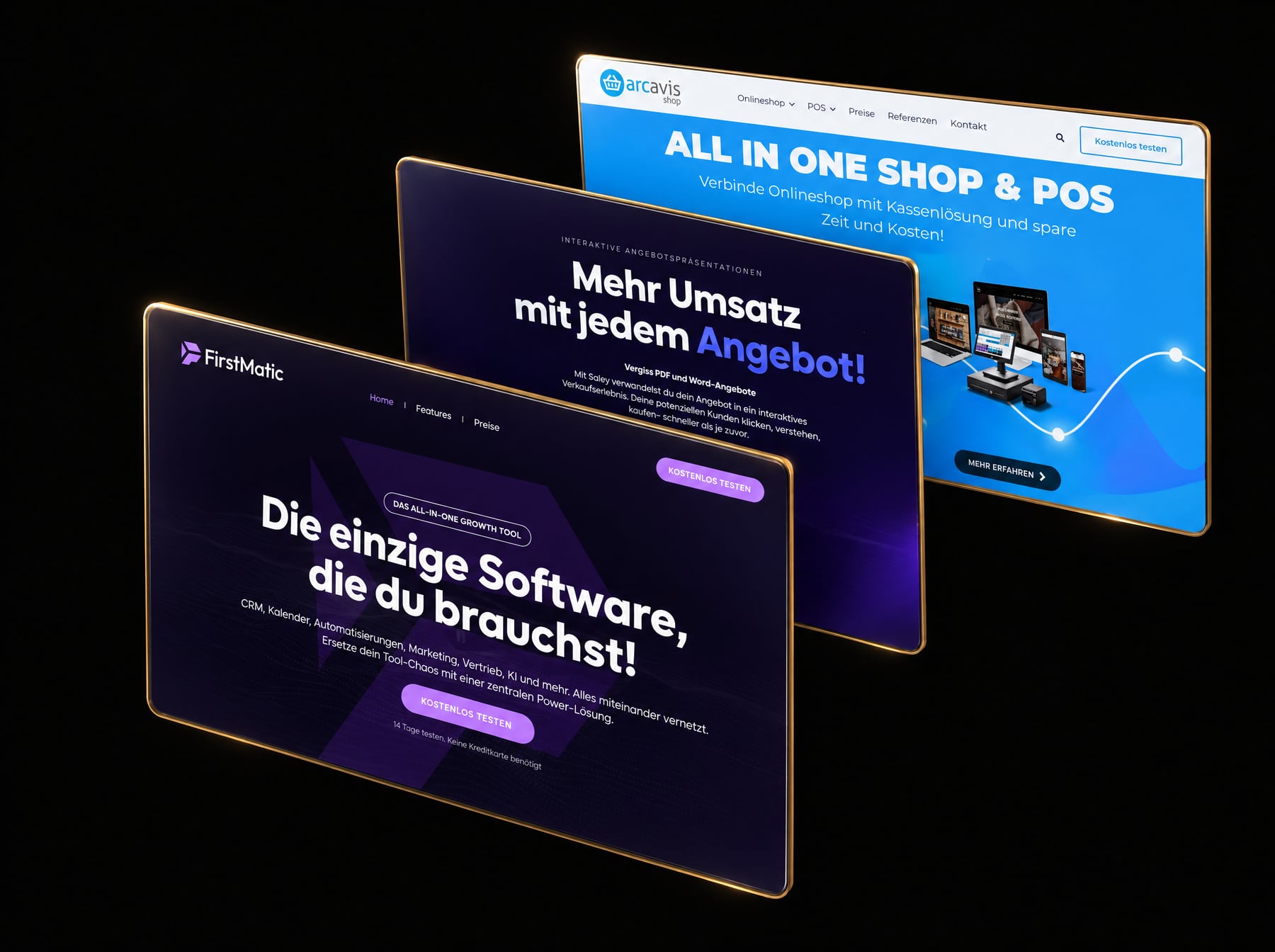 FirstMatic, Saley und Arcavis Shop als schwebende Glas-Panels mit Messingkanten