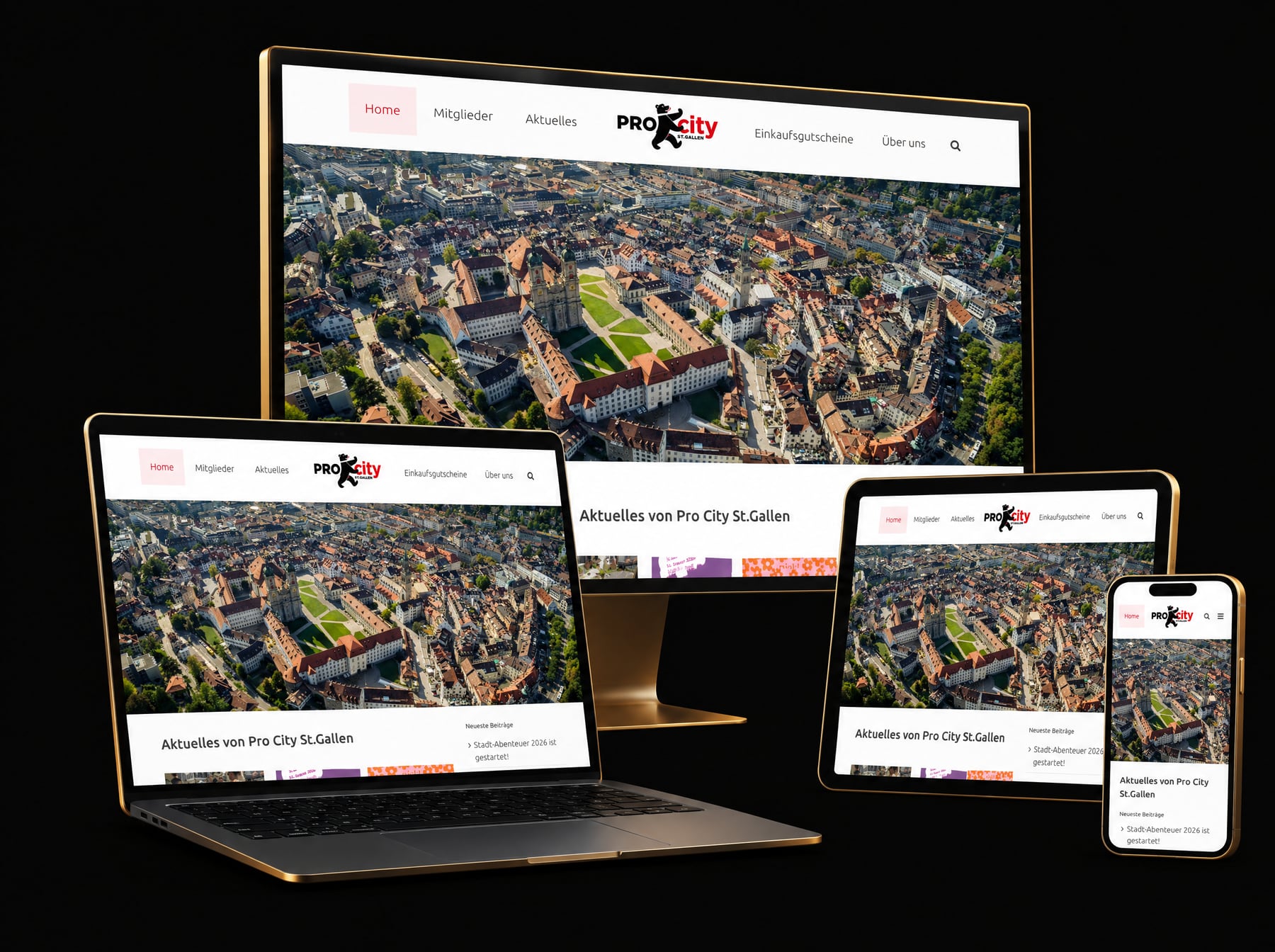 Die Website von Pro City St.Gallen auf Monitor, Laptop, Tablet und Smartphone mit Messingkanten