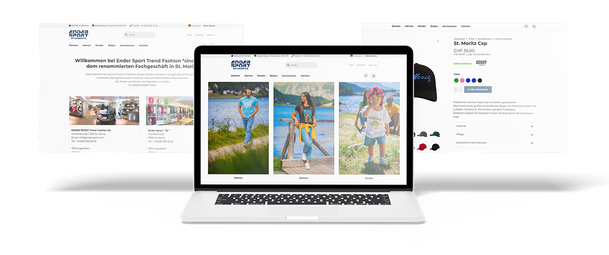 Onlineshop von Ender Sport St.Moritz mit Startseite, Produktübersicht und Produktdetail