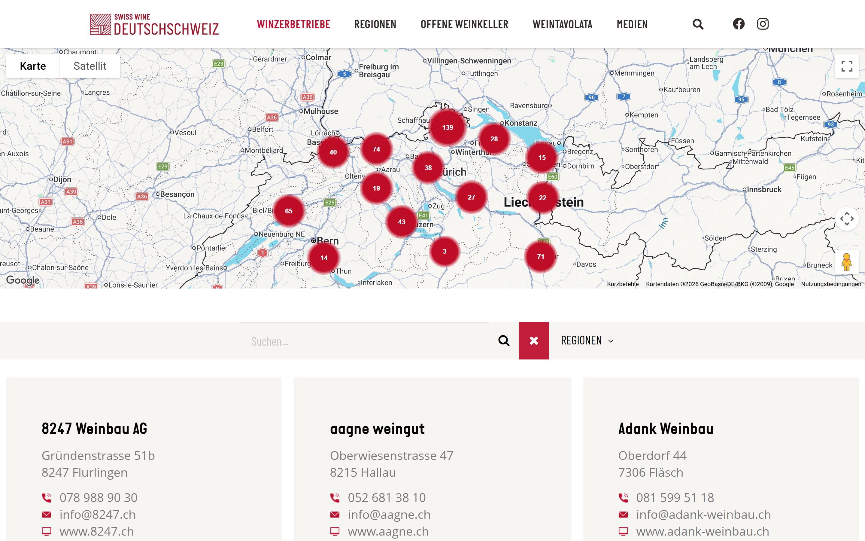 Winzerverzeichnis mit Karte auf dem Portal Deutschschweizer Wein
